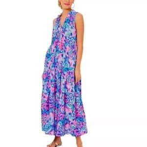 Lilly Pulitzer Floral Blue and Pink Maxi Dress